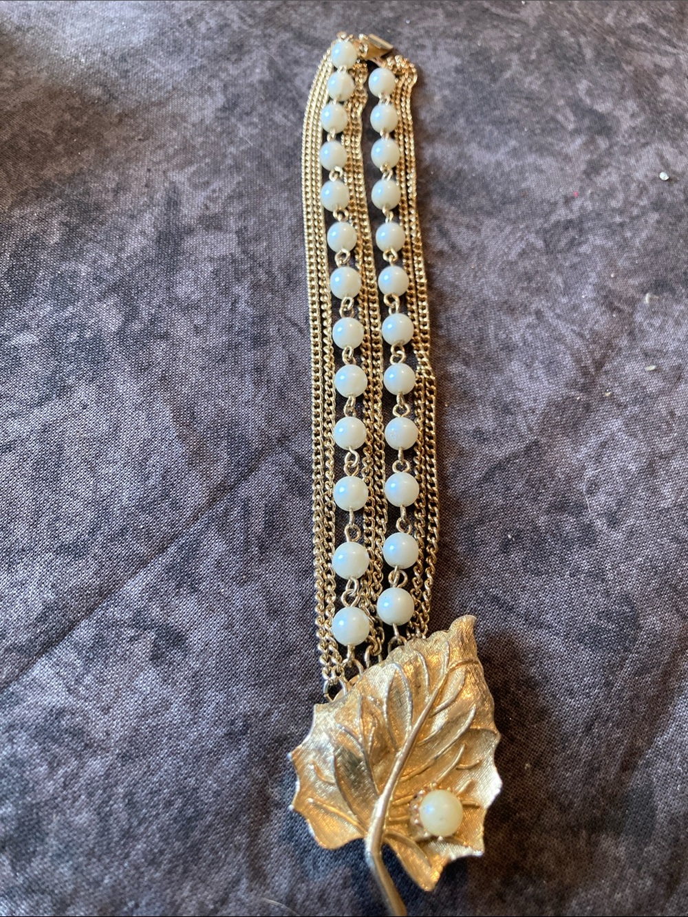 Gold-Tone Leaf Pendant Bracelet with White Beaded Chains